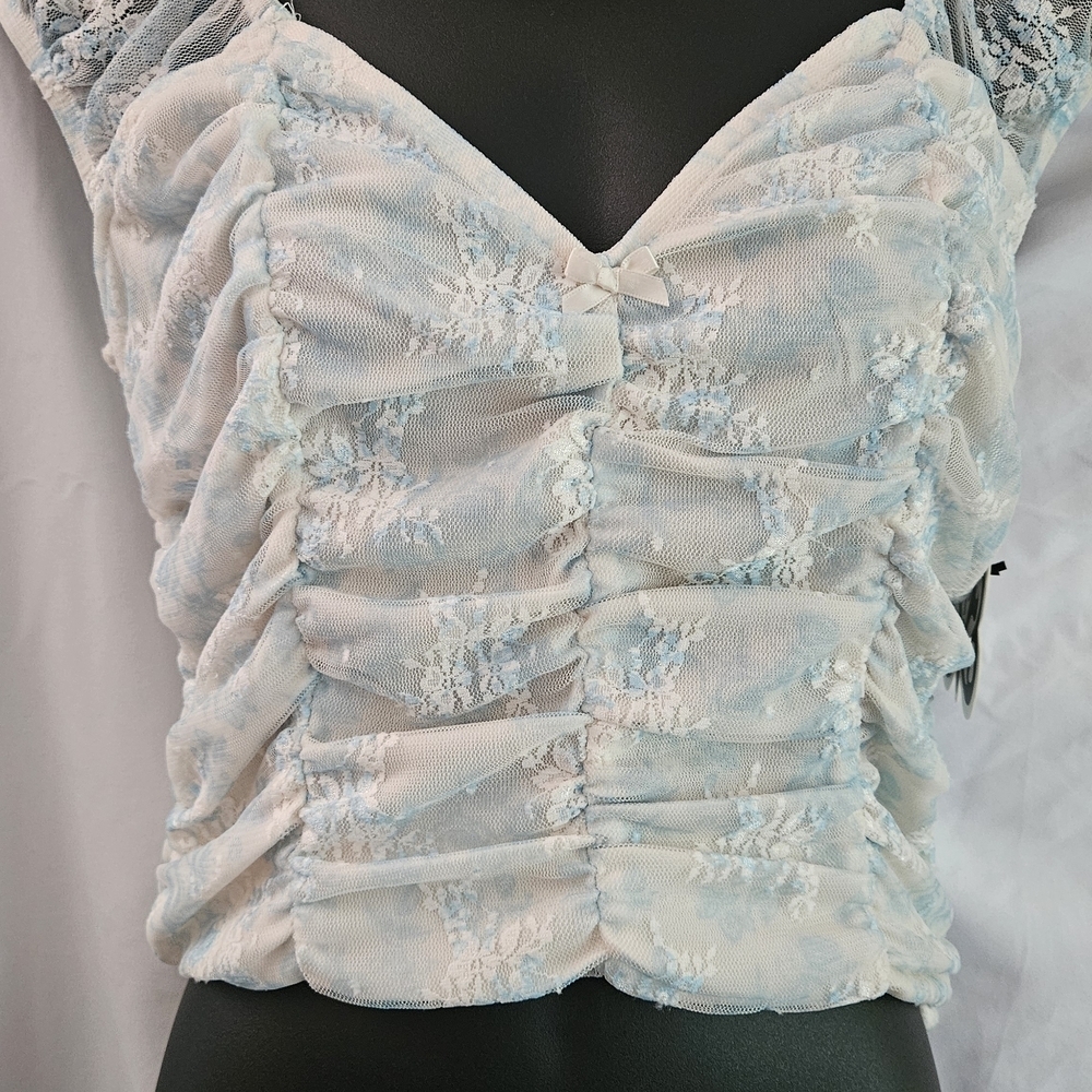 Self Esteem Lace Ruched Crop Top - Light Blue